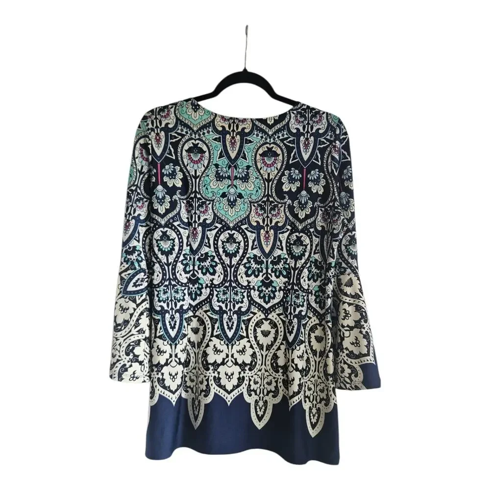 Melissa Paige Womens LG Tunic Top Blouse L/S Keyhole Neck Floral Bell Sleeves